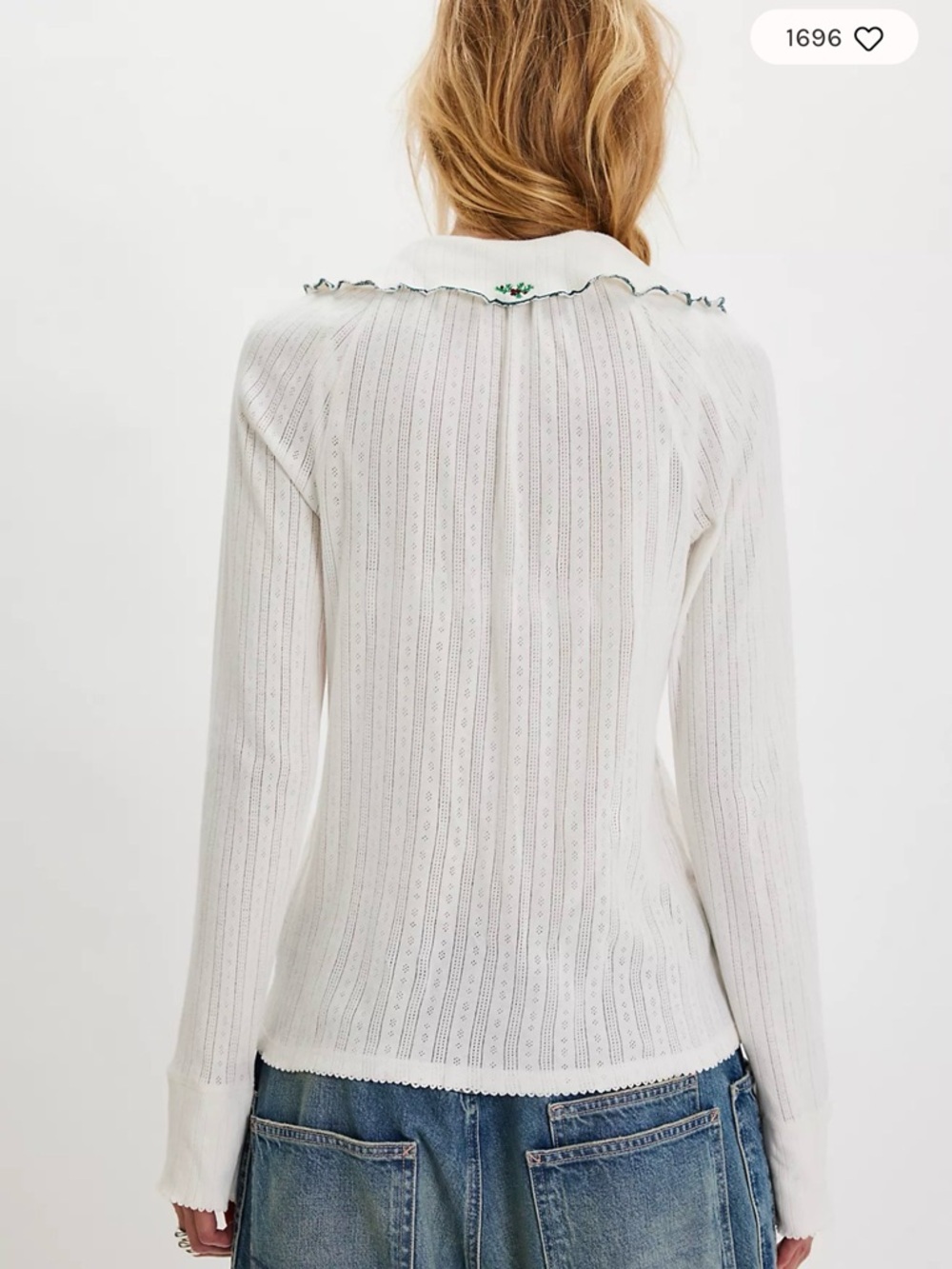 White Button-Up Knit Top with Embroidered Peter Pan Collar - Picture 2 of 5